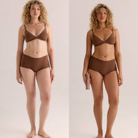 Before and after comparison of a curly-haired woman's skin tone after using the self-tanning mousse