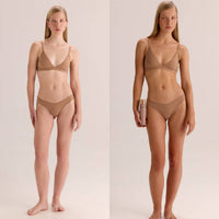 Before and after comparison of a fair-skinned woman's tan after using the self-tanning mousse