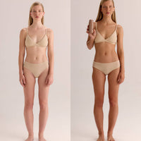 Before and after comparison of a blonde woman's skin tone after using the gradual tan moisturizer