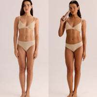 Before and after comparison of a dark-haired woman's skin tone after using the self-tanning mousse