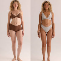Before and after comparison of a curly-haired woman's skin tone after using the gradual tan moisturizer