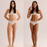 Before and after comparison of a dark-haired woman's skin tone after using the gradual tan moisturizer