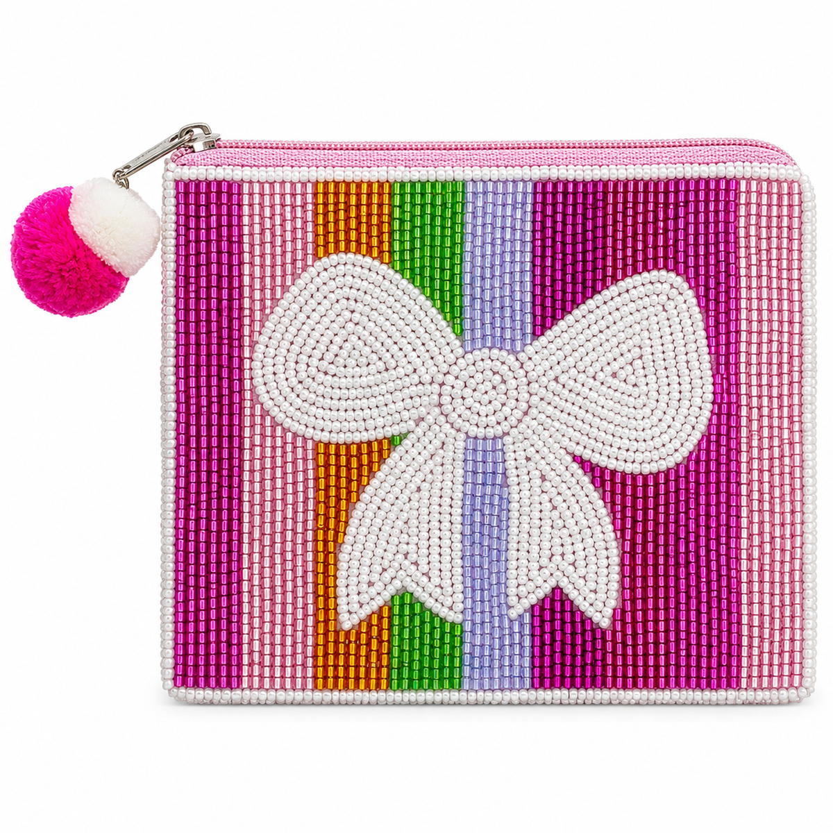 White Bow Ribbon Multi Stipe Beaded Pouch