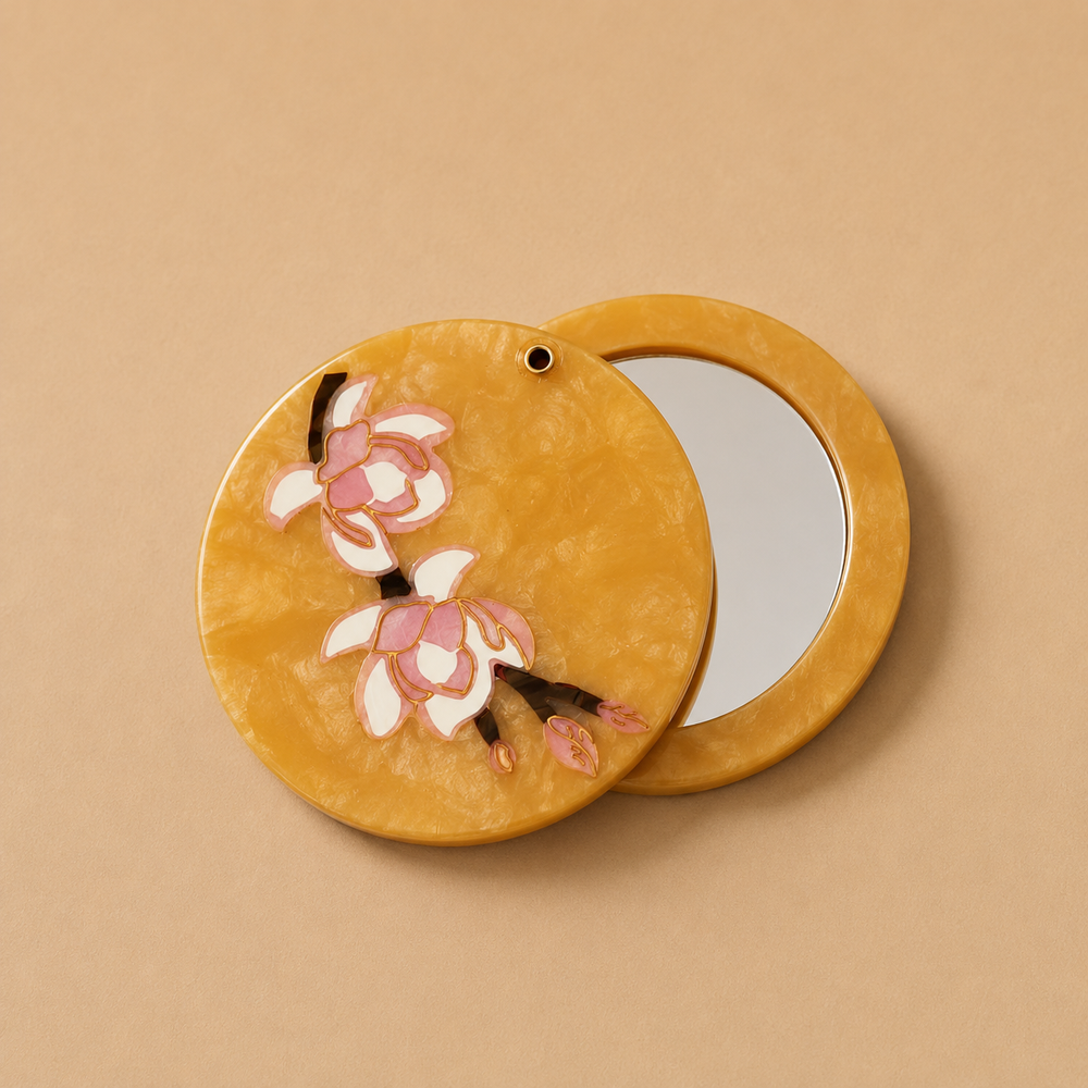 Solar Eclipse Hand-Painted Magnolia Compact Mirror - View 1
