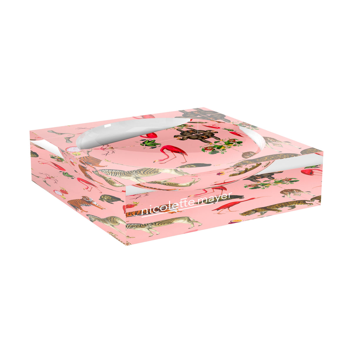 Nicolette Mayer Exotix Flamingo acrylic catchall dish in pink and brown flamingo print