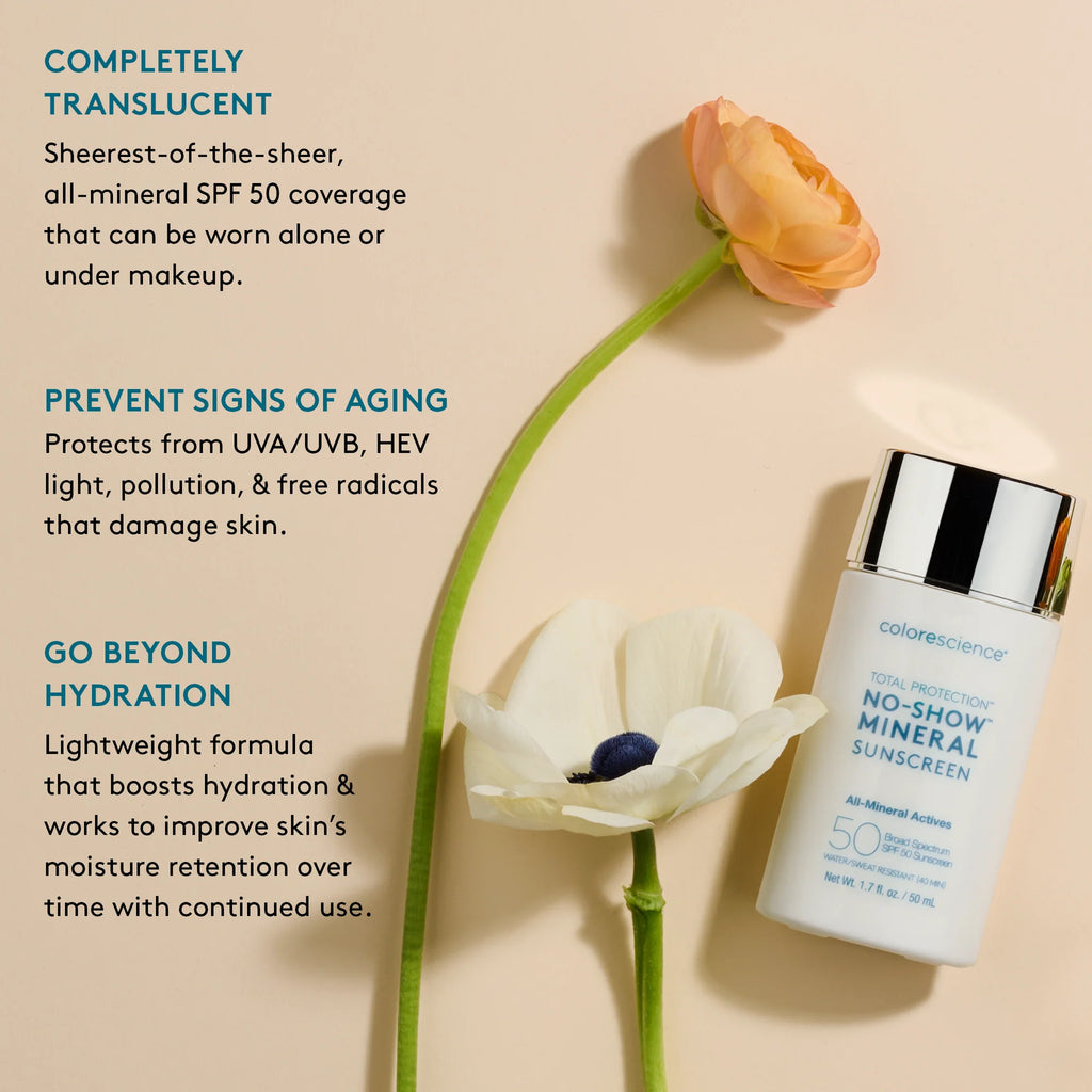 Colorescience Total Protection® No-Show™ Mineral Sunscreen SPF 50 - Award Winning All-Mineral Sheer Translucent Sunscreen