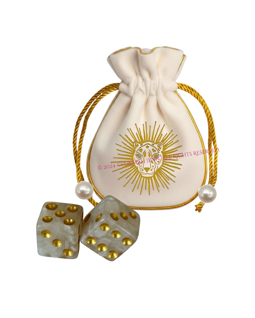 Mother of Pearl Mahjong Dice with Queen of Jokers Pouch by Club Mah Jenn