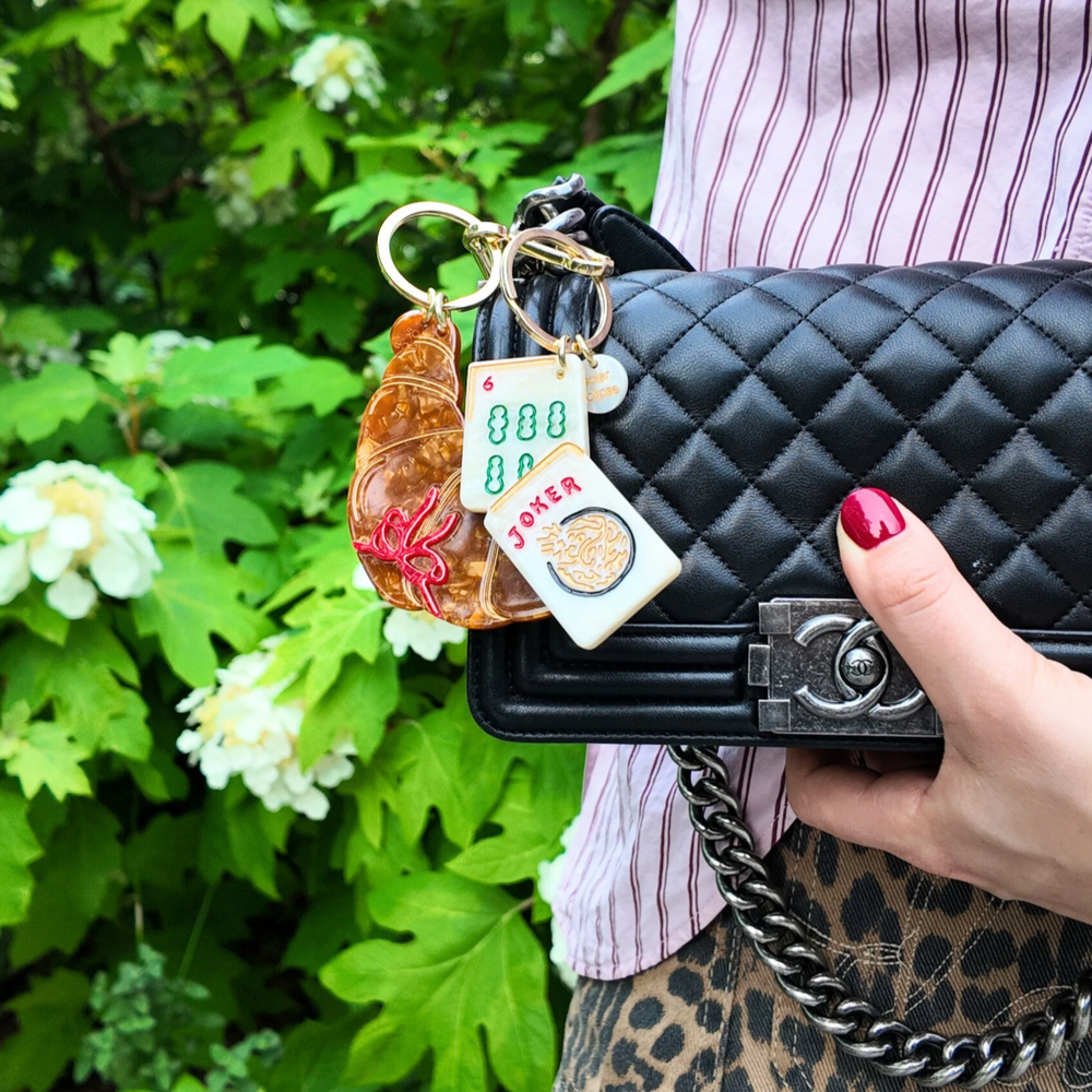 Solar Eclipse Hand-painted Mahjong Bag Charm + Keychain | Eco-Friendly - View 2