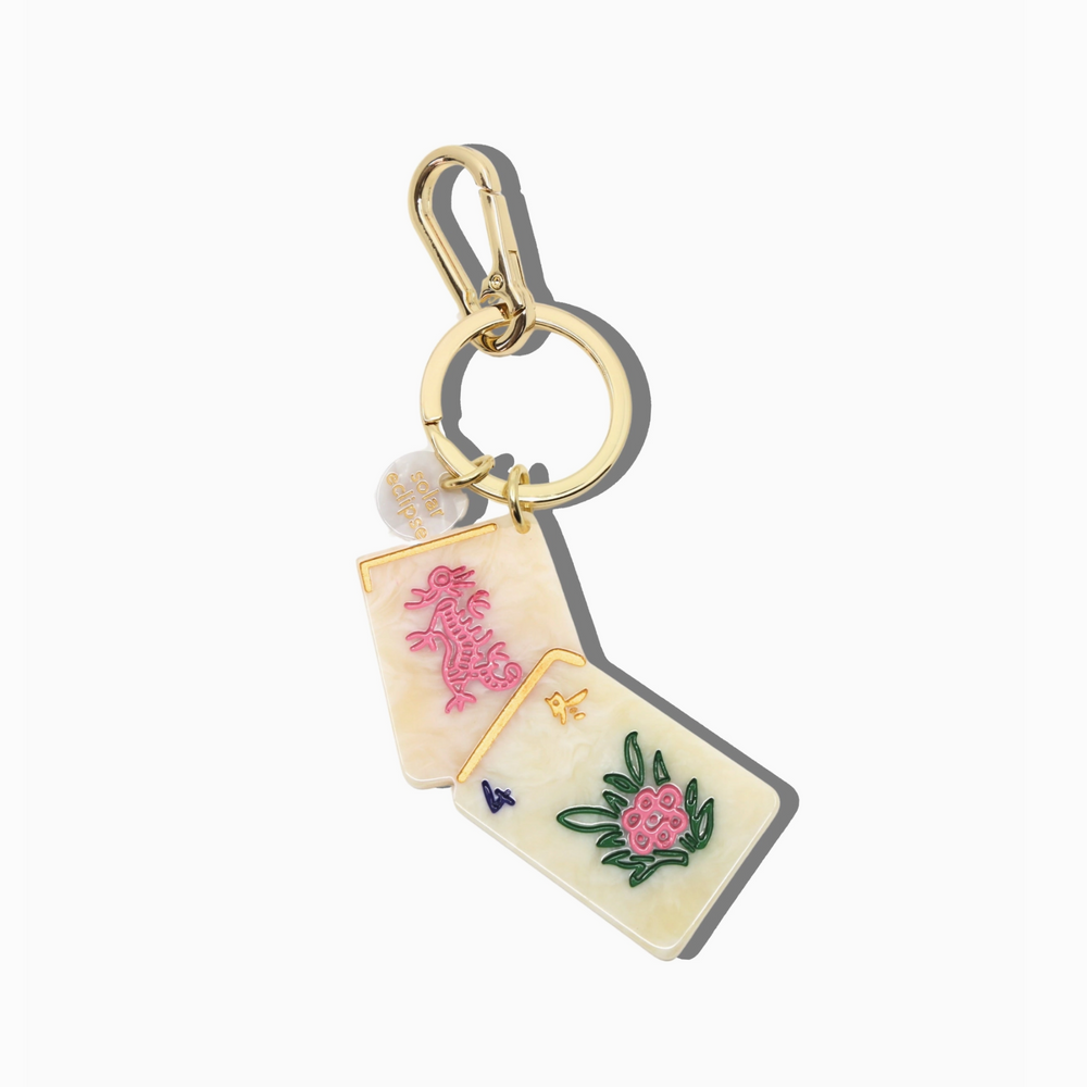 Solar Eclipse Hand-Painted Pink Mahjong Bag Charm + Keychain | Eco-Friendly