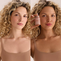 Before and after comparison of a curly-haired woman's face and neck after using the H7 serum