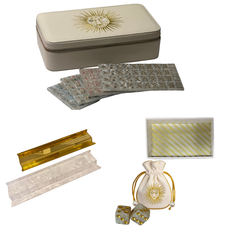 Sirens Mother of Pearl Travel Mahjong Set with Gold Mirrored Racks by Club Mah Jenn