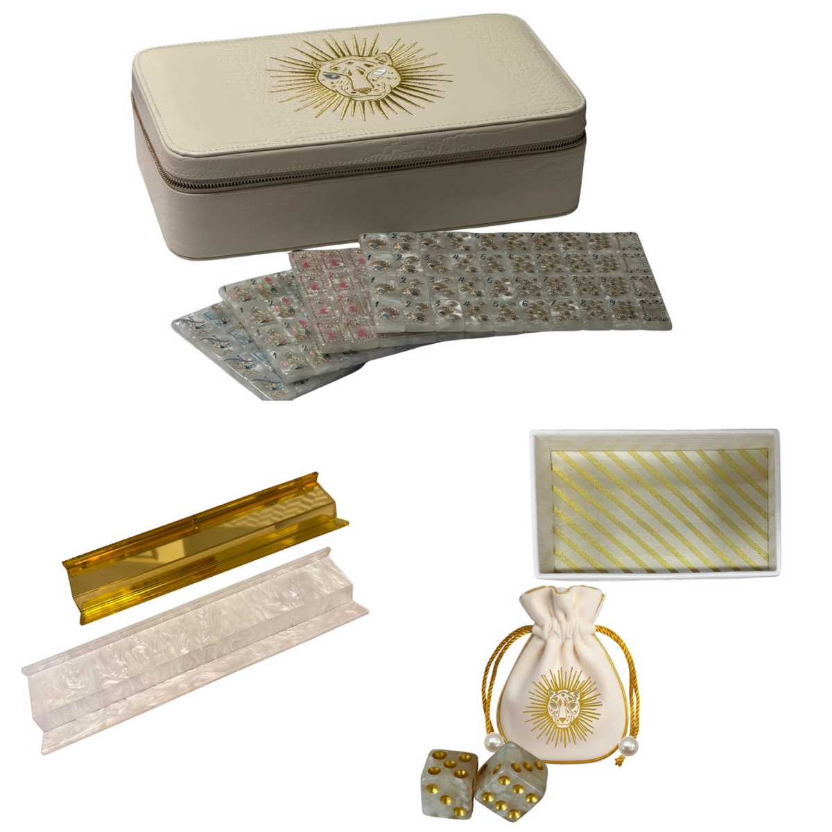 Sirens Mother of Pearl Travel Mahjong Set with Gold Mirrored Racks by Club Mah Jenn